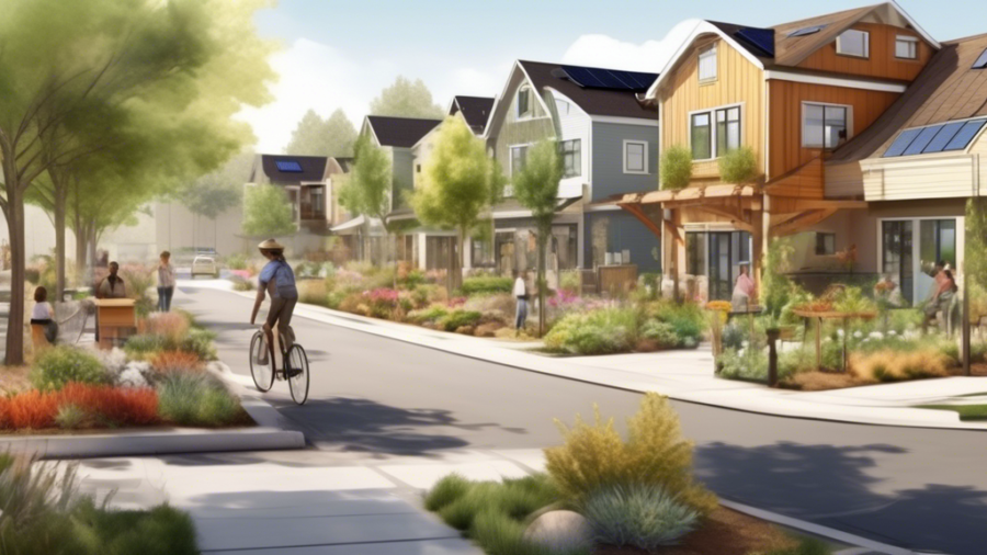 A serene, eco-friendly neighborhood with modern solar-paneled homes, lush community gardens, people riding bicycles, and a curbside compost bin. The scene